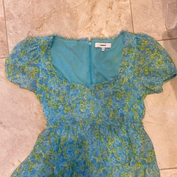 Likely 70s 60s blue & green selkie puff sleeve regency prom wedding guest dress - Picture 6 of 7